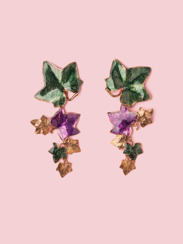 Edera Pendant Earrings in Bronze, Violet and Forest Green - M